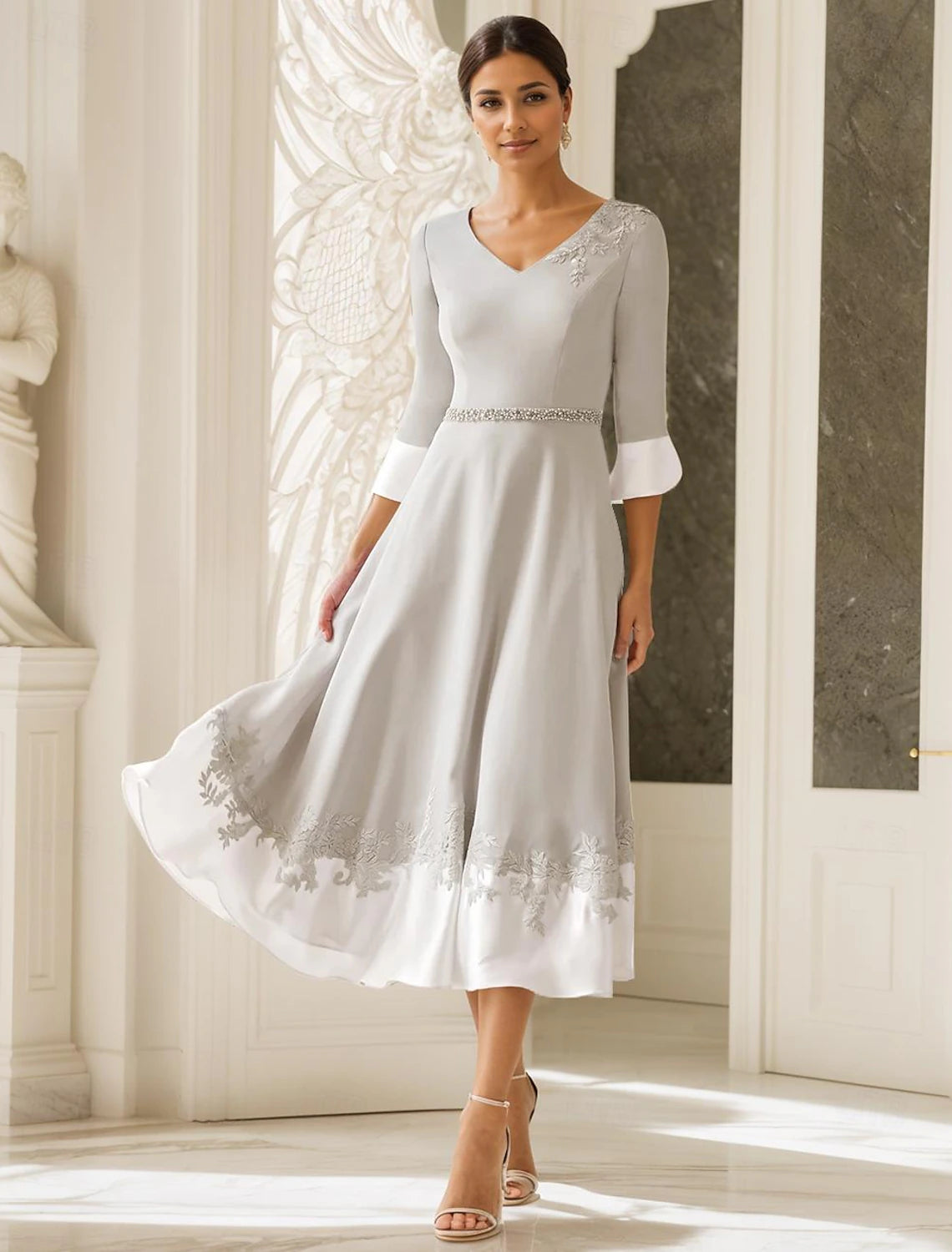 Buyishang A-Line Mother of the Bride Dress Wedding Guest Church Elegant V Neck Tea Length Stretch Fabric Half Sleeve with Appliques free custom size